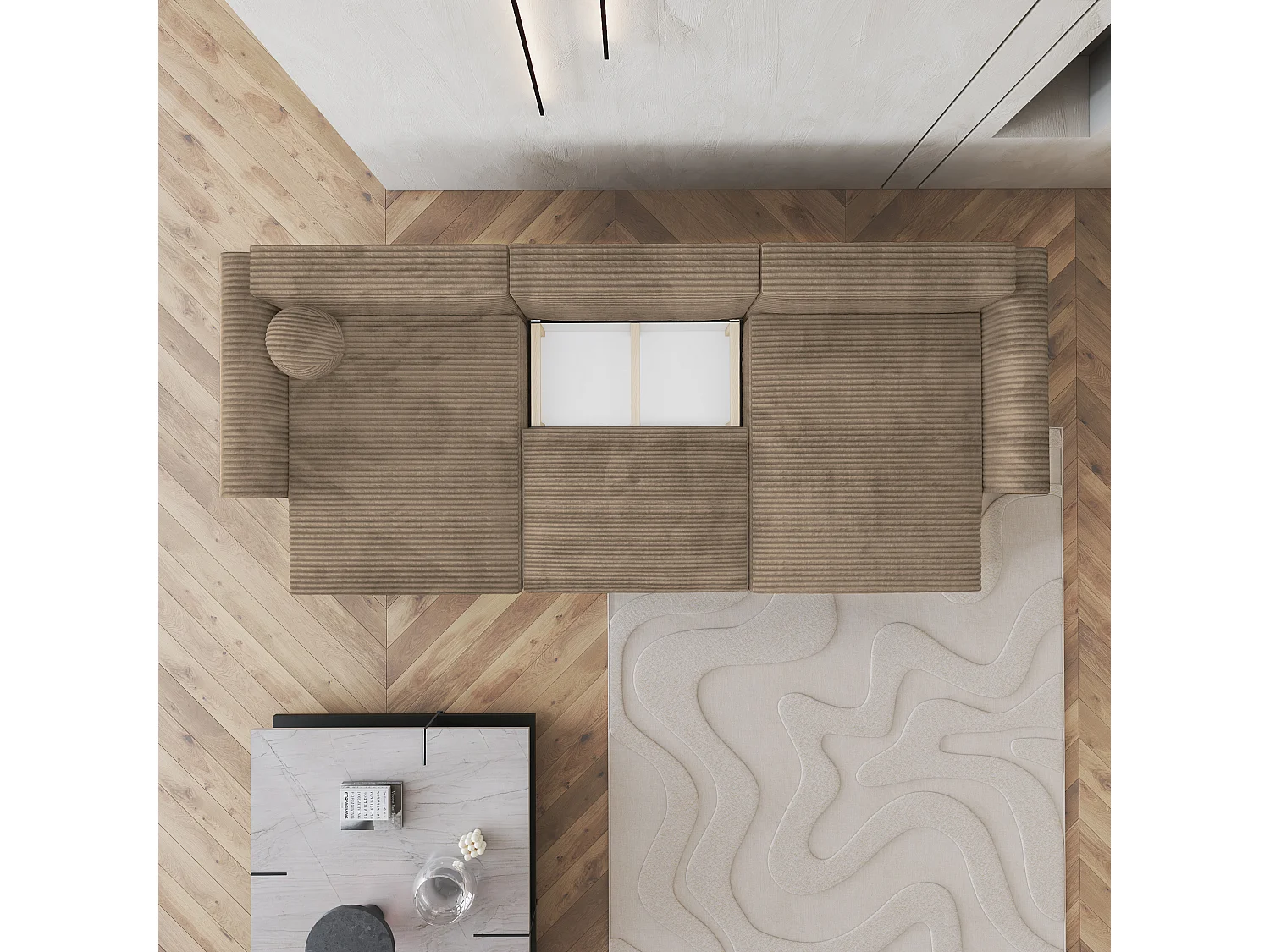 Canapé d'angle FENTO Beige en velours côtelé avec fonction de couchage