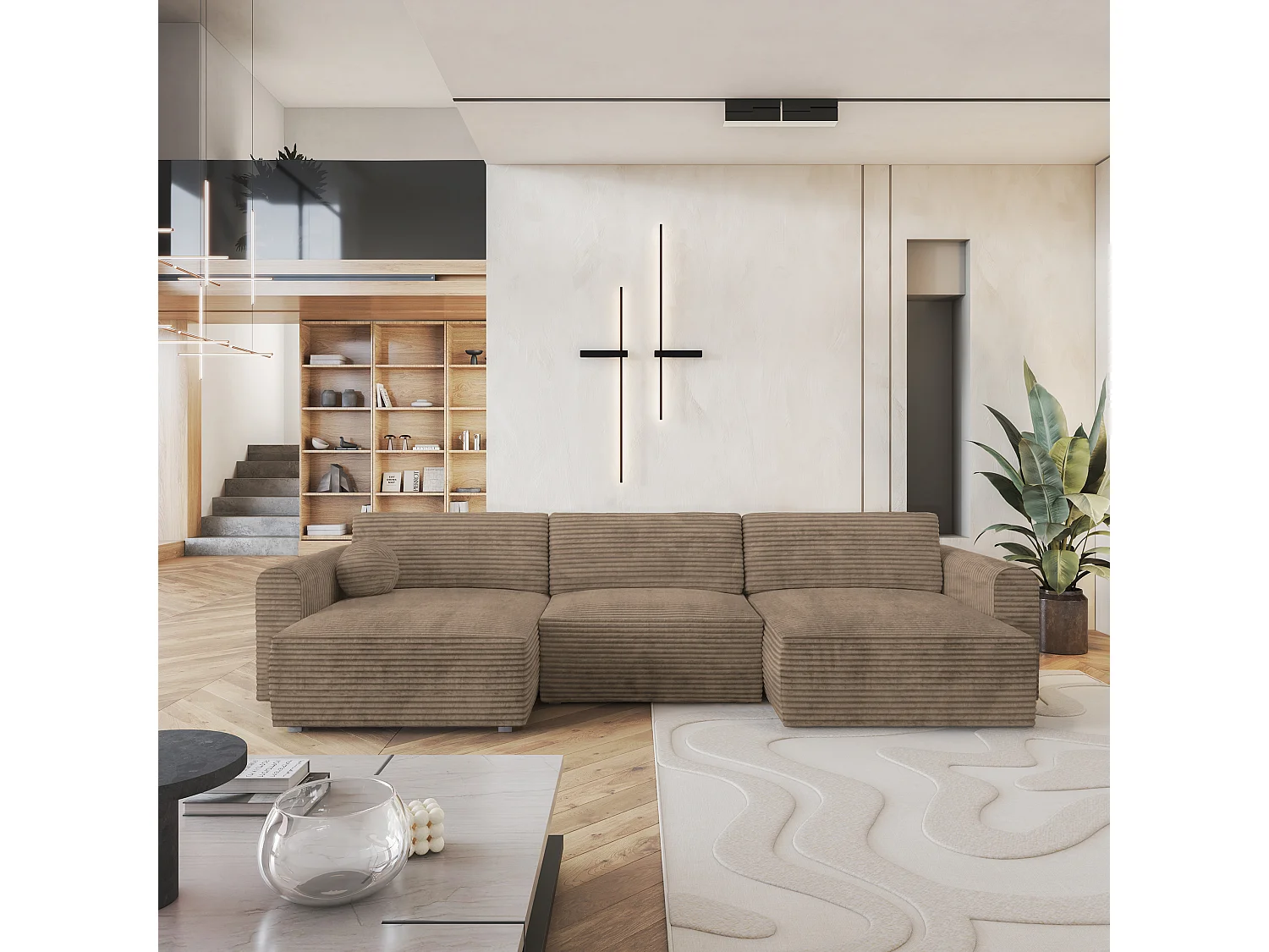 Canapé d'angle FENTO Beige en velours côtelé avec fonction de couchage