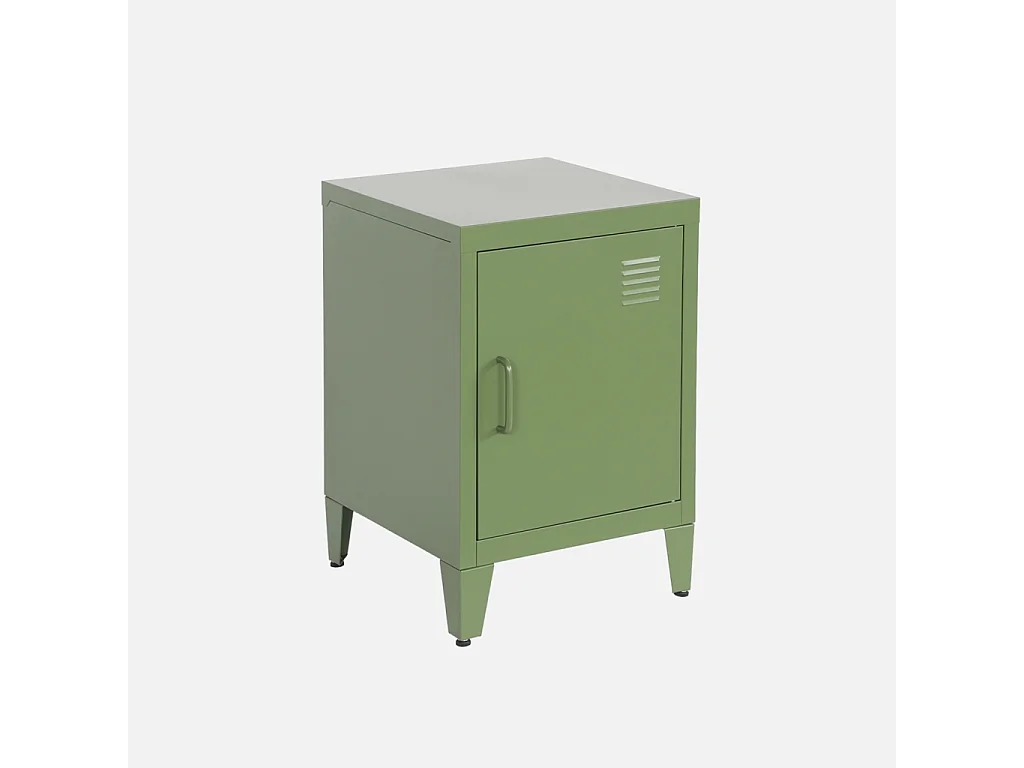 Table de chevet en acier kaki. 1 porte. casier. chambre enfant