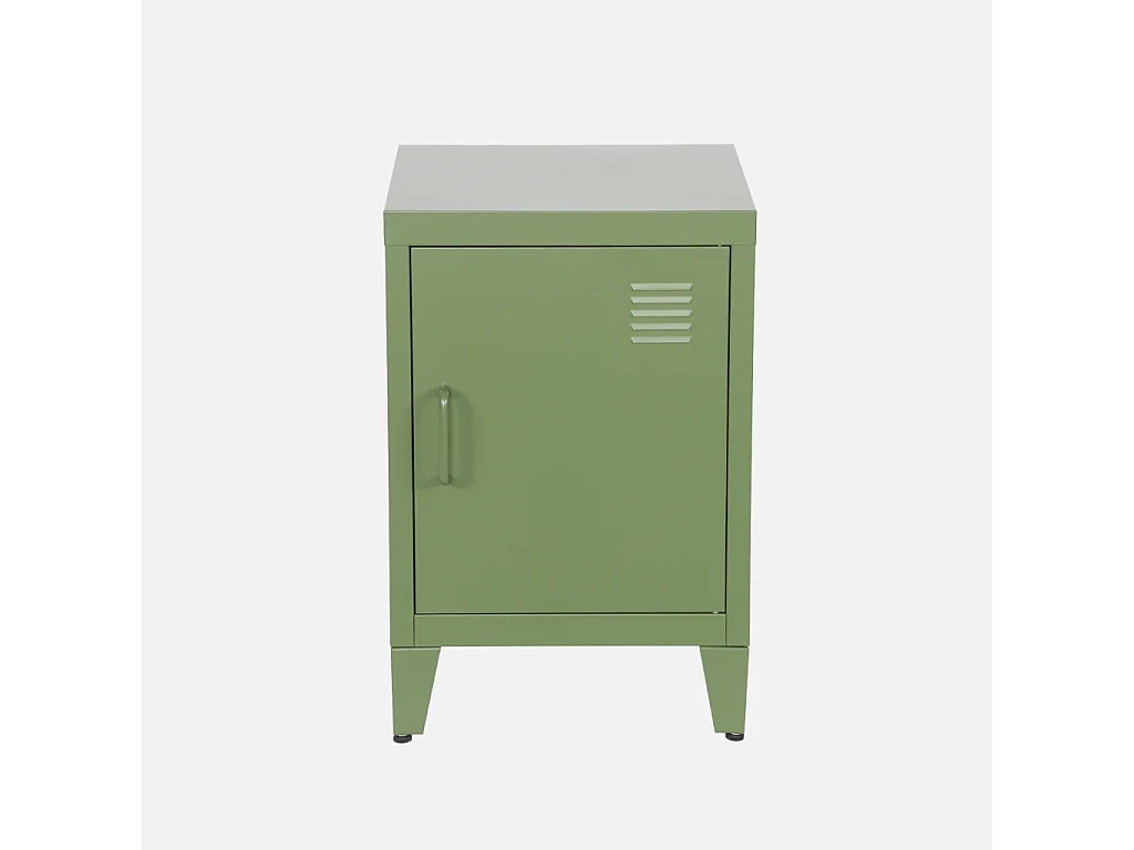 Table de chevet en acier kaki. 1 porte. casier. chambre enfant