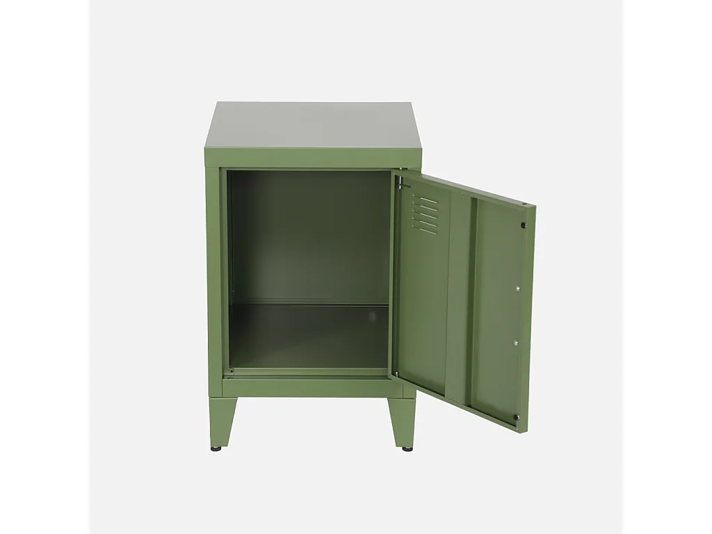 Table de chevet en acier kaki. 1 porte. casier. chambre enfant