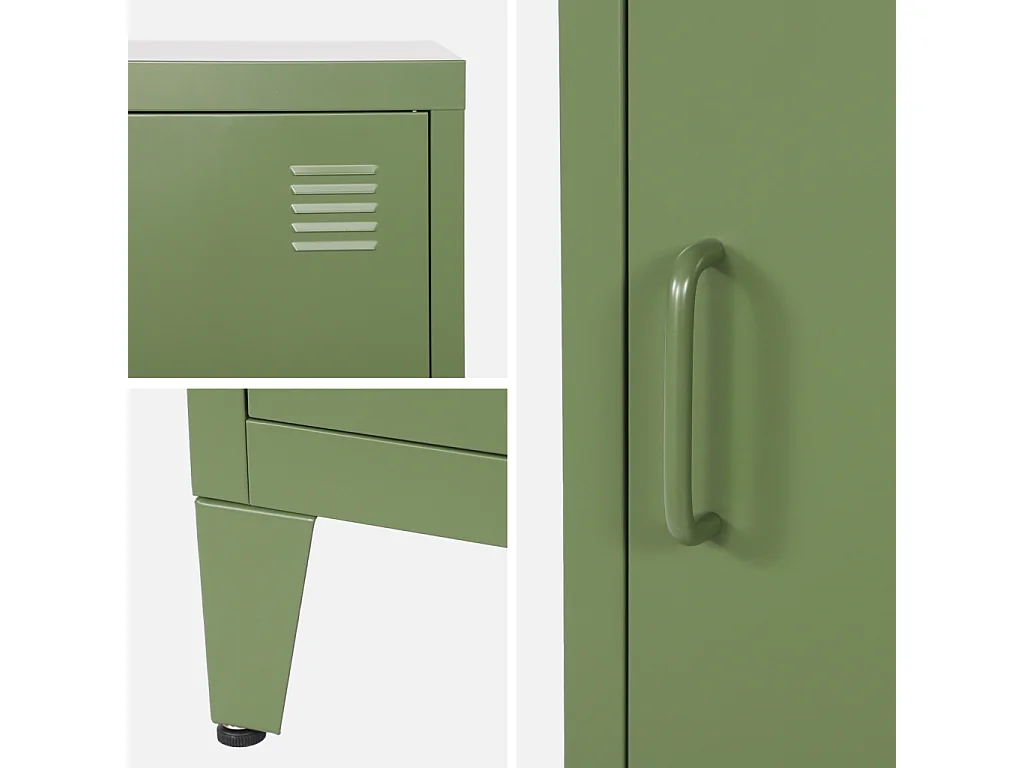 Table de chevet en acier kaki. 1 porte. casier. chambre enfant