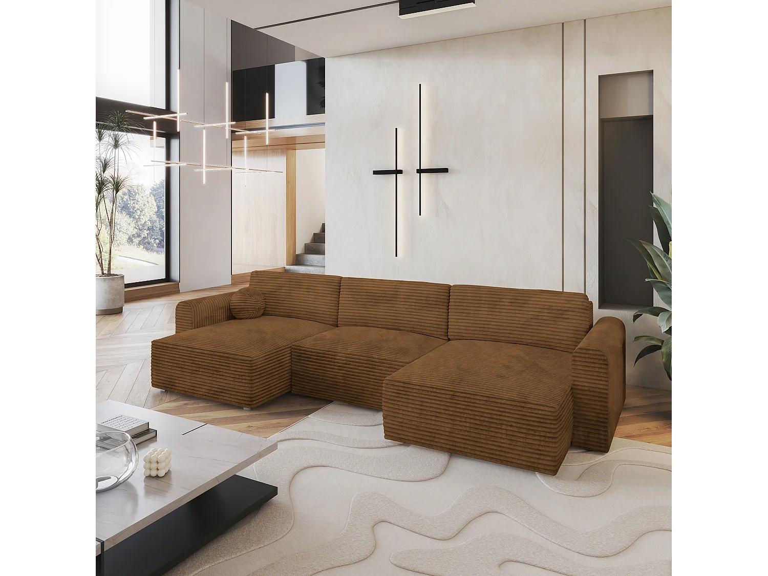 Canapé d'angle FENTO Cuivré en velours côtelé avec fonction de couchage