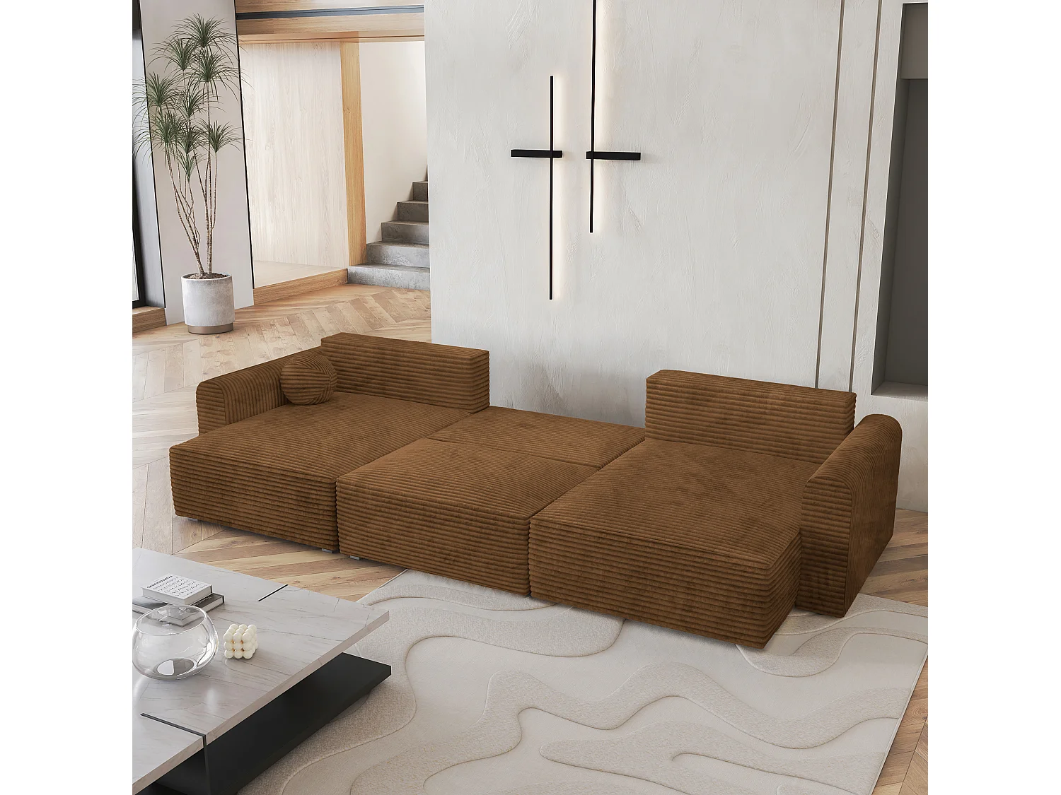 Canapé d'angle FENTO Cuivré en velours côtelé avec fonction de couchage