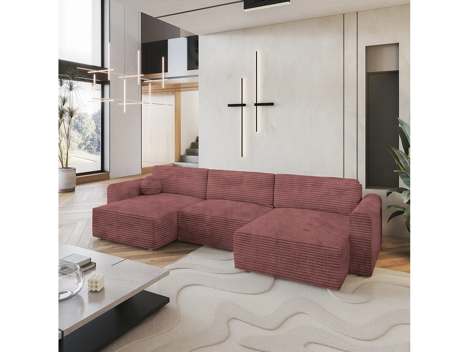 Canapé d'angle FENTO Rose en velours côtelé avec fonction de couchage