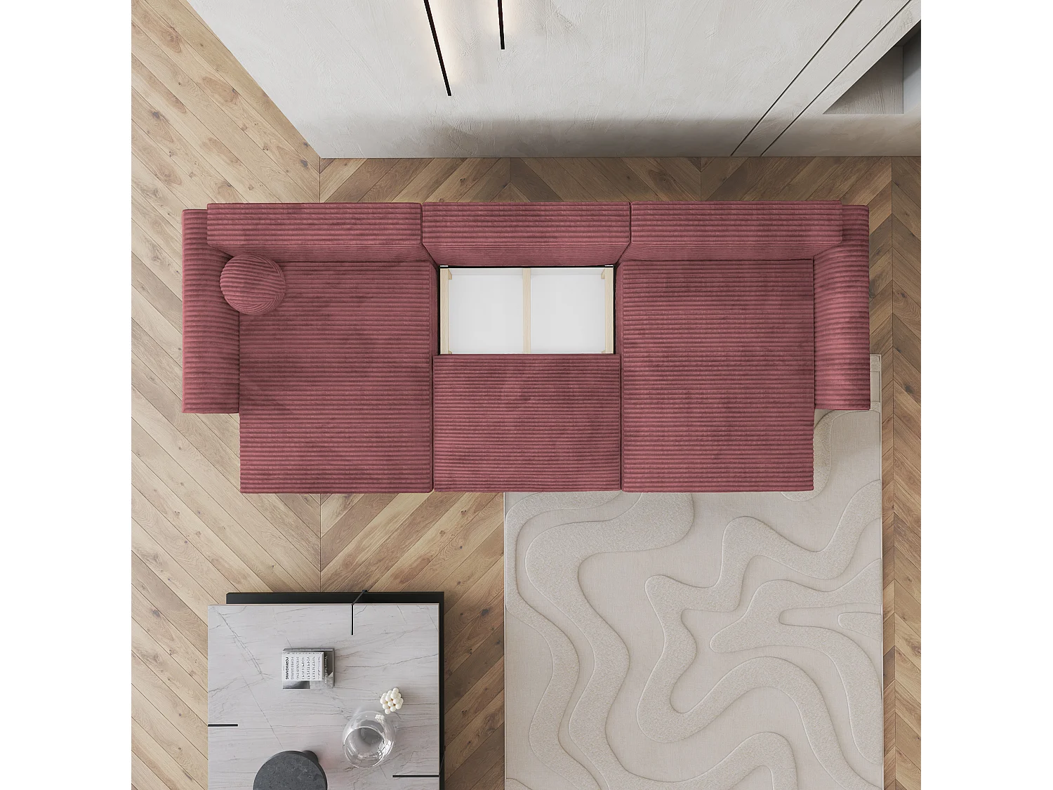 Canapé d'angle FENTO Rose en velours côtelé avec fonction de couchage