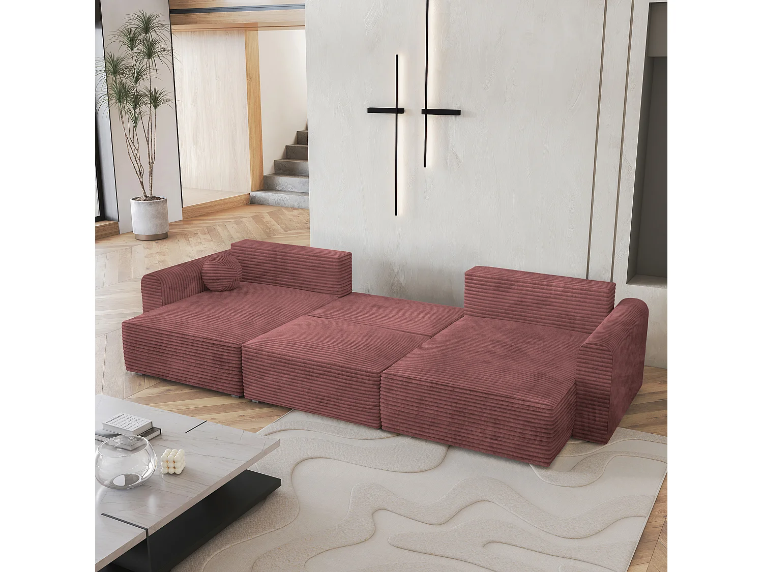 Canapé d'angle FENTO Rose en velours côtelé avec fonction de couchage