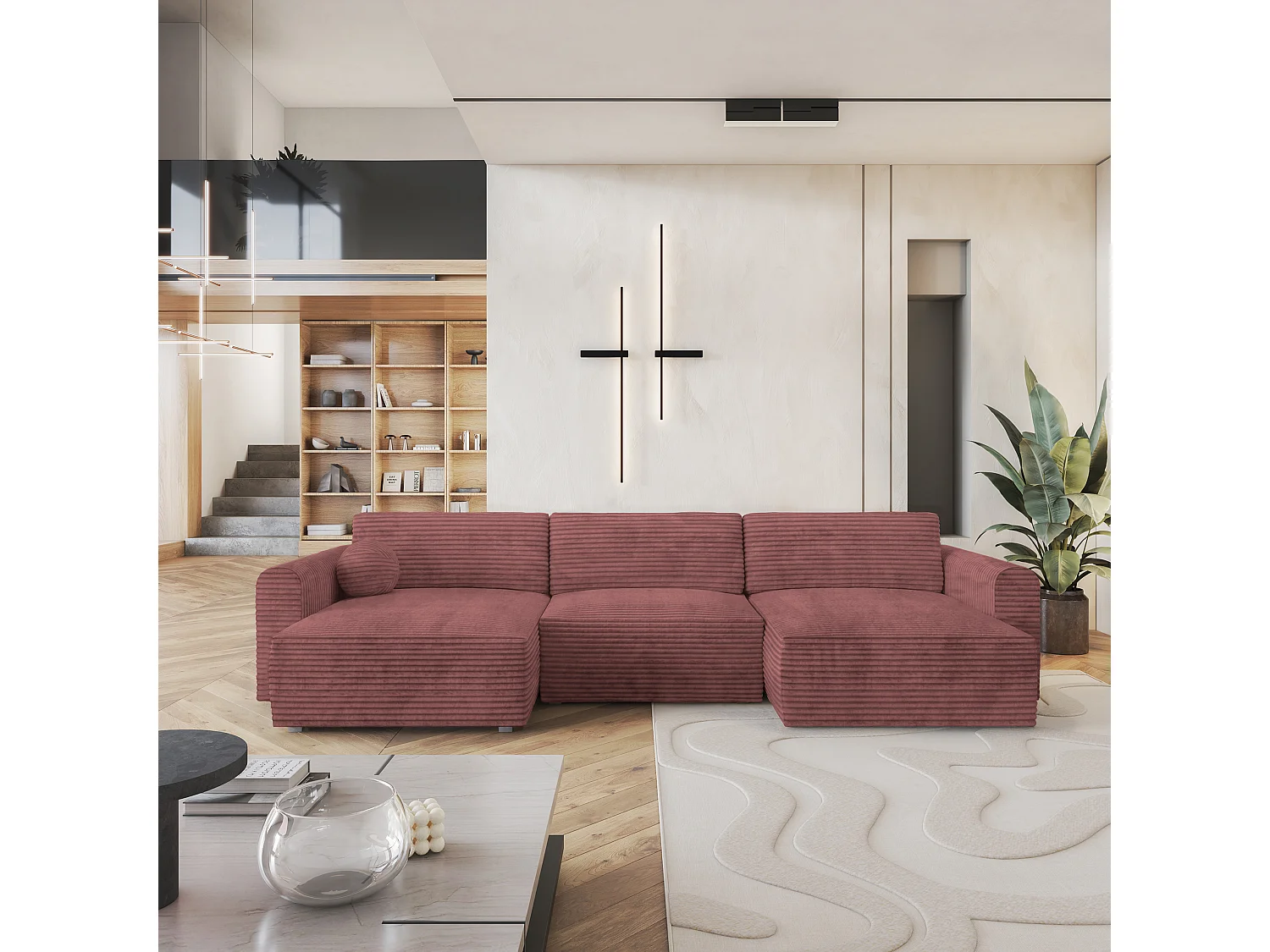 Canapé d'angle FENTO Rose en velours côtelé avec fonction de couchage