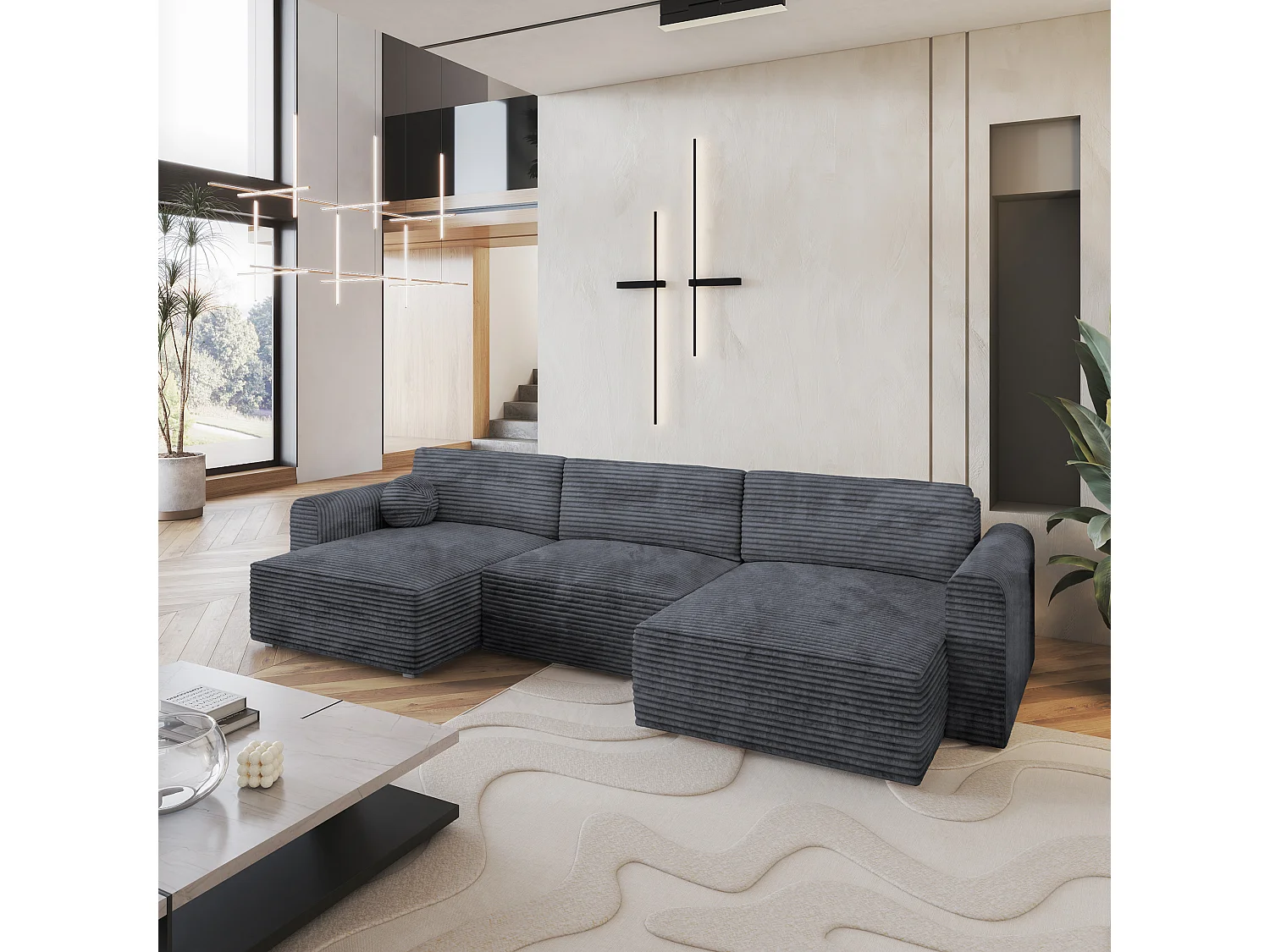 Canapé d'angle FENTO Gris en velours côtelé avec fonction de couchage