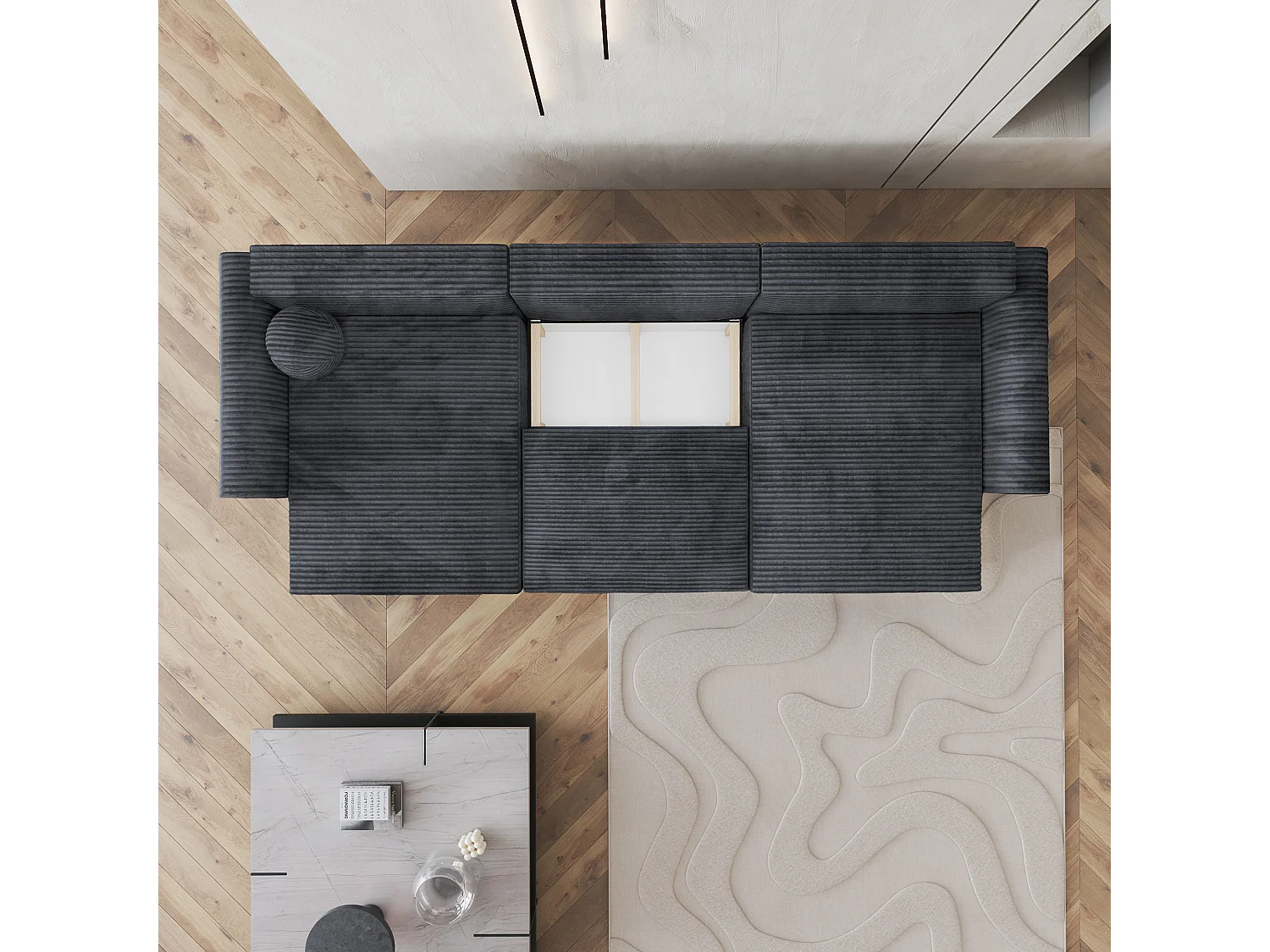 Canapé d'angle FENTO Gris en velours côtelé avec fonction de couchage