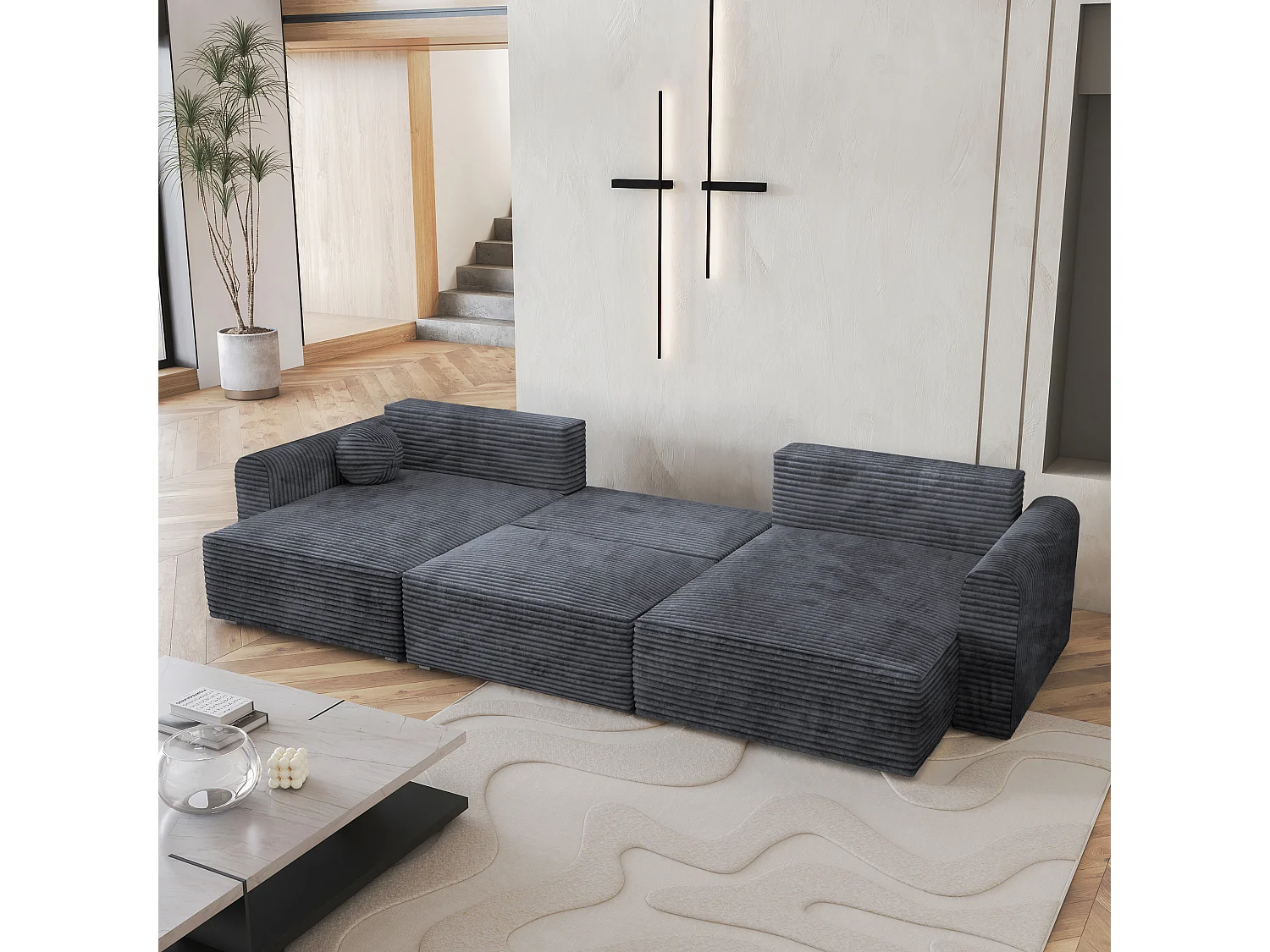 Canapé d'angle FENTO Gris en velours côtelé avec fonction de couchage
