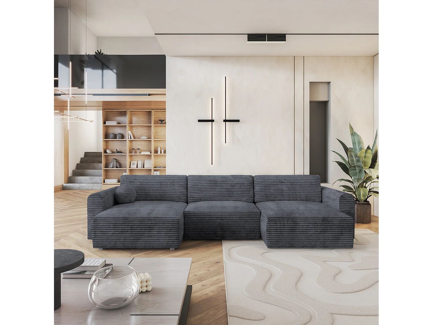 Canapé d'angle FENTO Gris en velours côtelé avec fonction de couchage