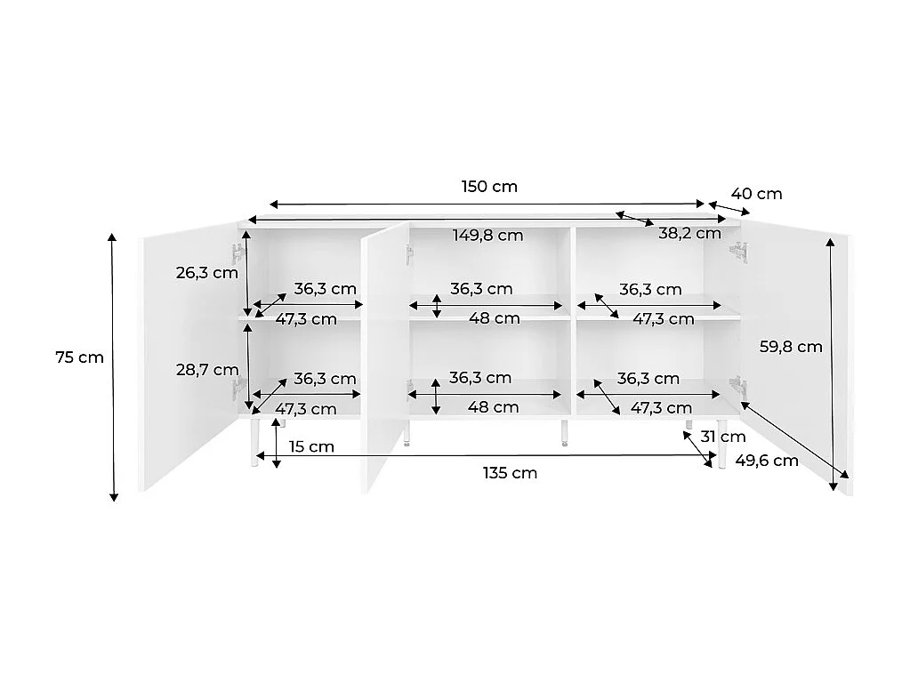 Buffet métal et décor bois 3 portes 150cm gris et noyer - Ashton