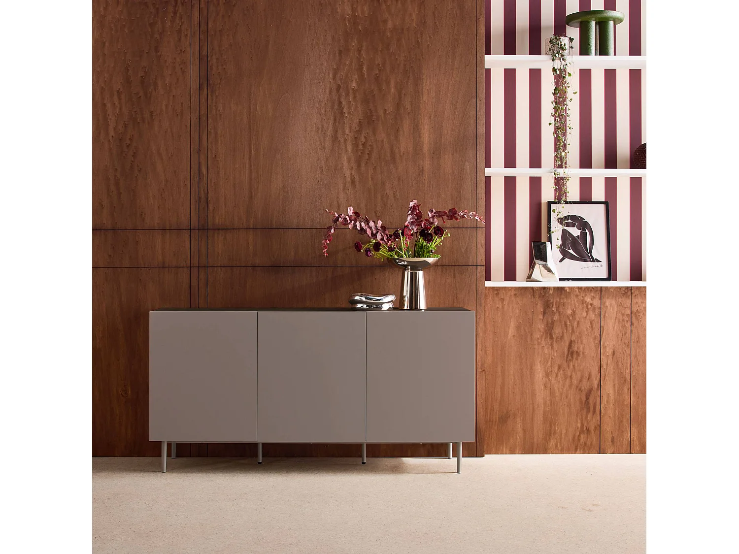 Aparador de metal y decoración de madera 3 puertas, 150cm gris