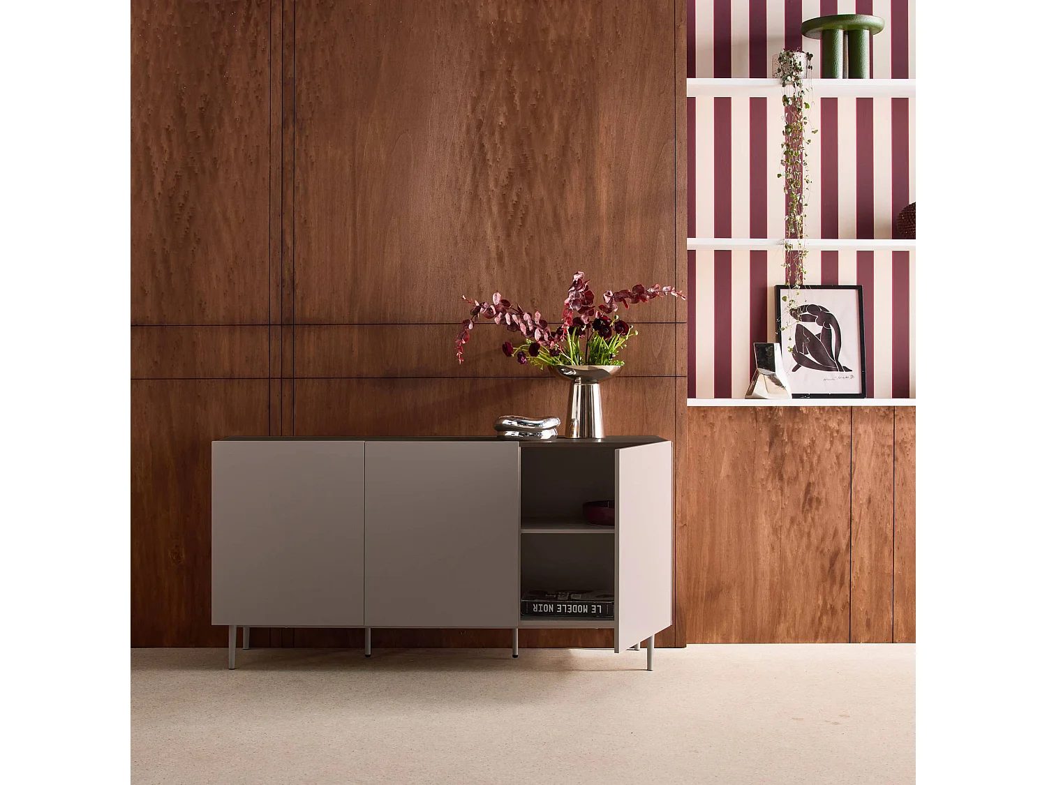 Aparador de metal y decoración de madera 3 puertas, 150cm gris