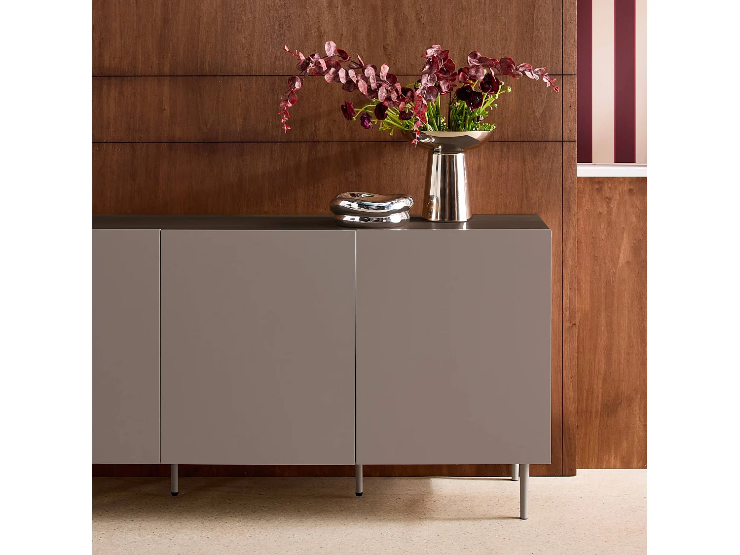 Aparador de metal y decoración de madera 3 puertas, 150cm gris