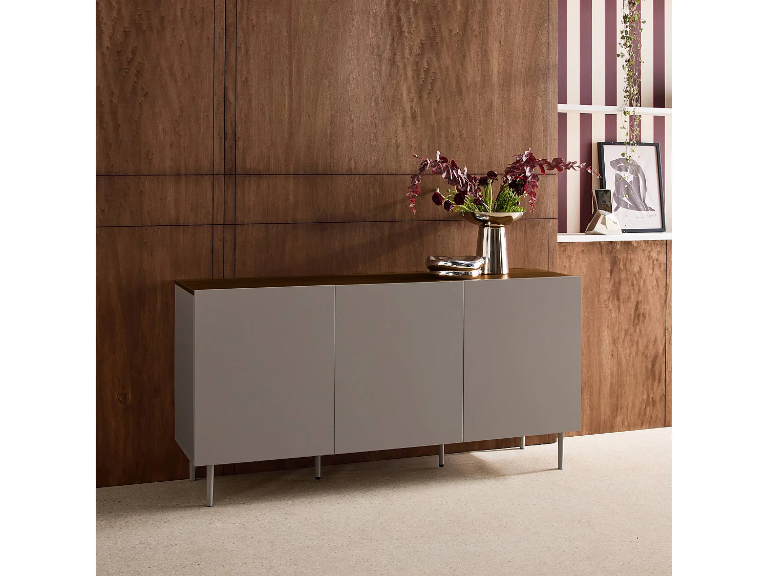 Buffet métal et décor bois 3 portes 150cm gris et noyer - Ashton