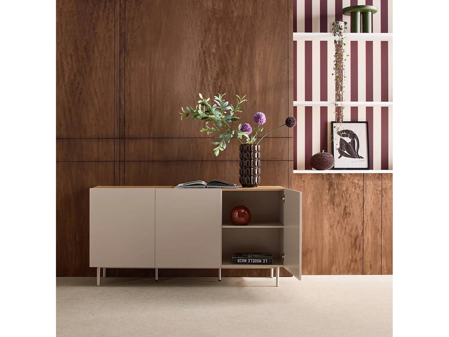 Buffet métal et décor bois 3 portes 150cm beige et naturel - Ashton