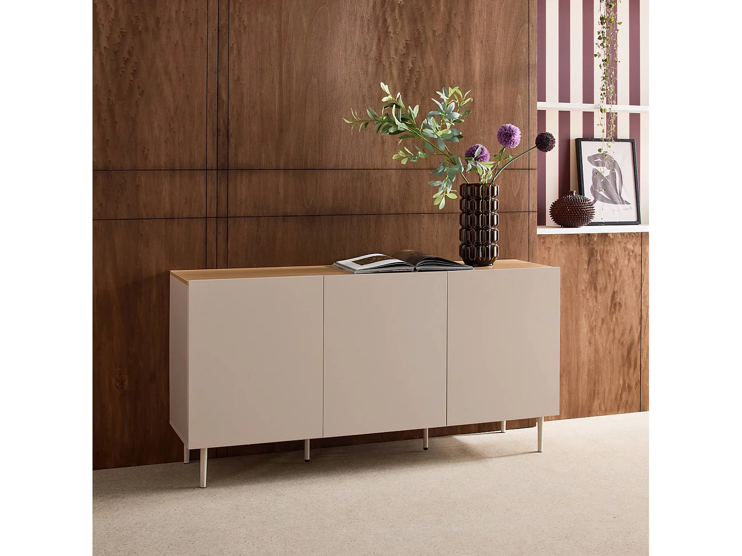 Buffet métal et décor bois 3 portes 150cm beige et naturel - Ashton