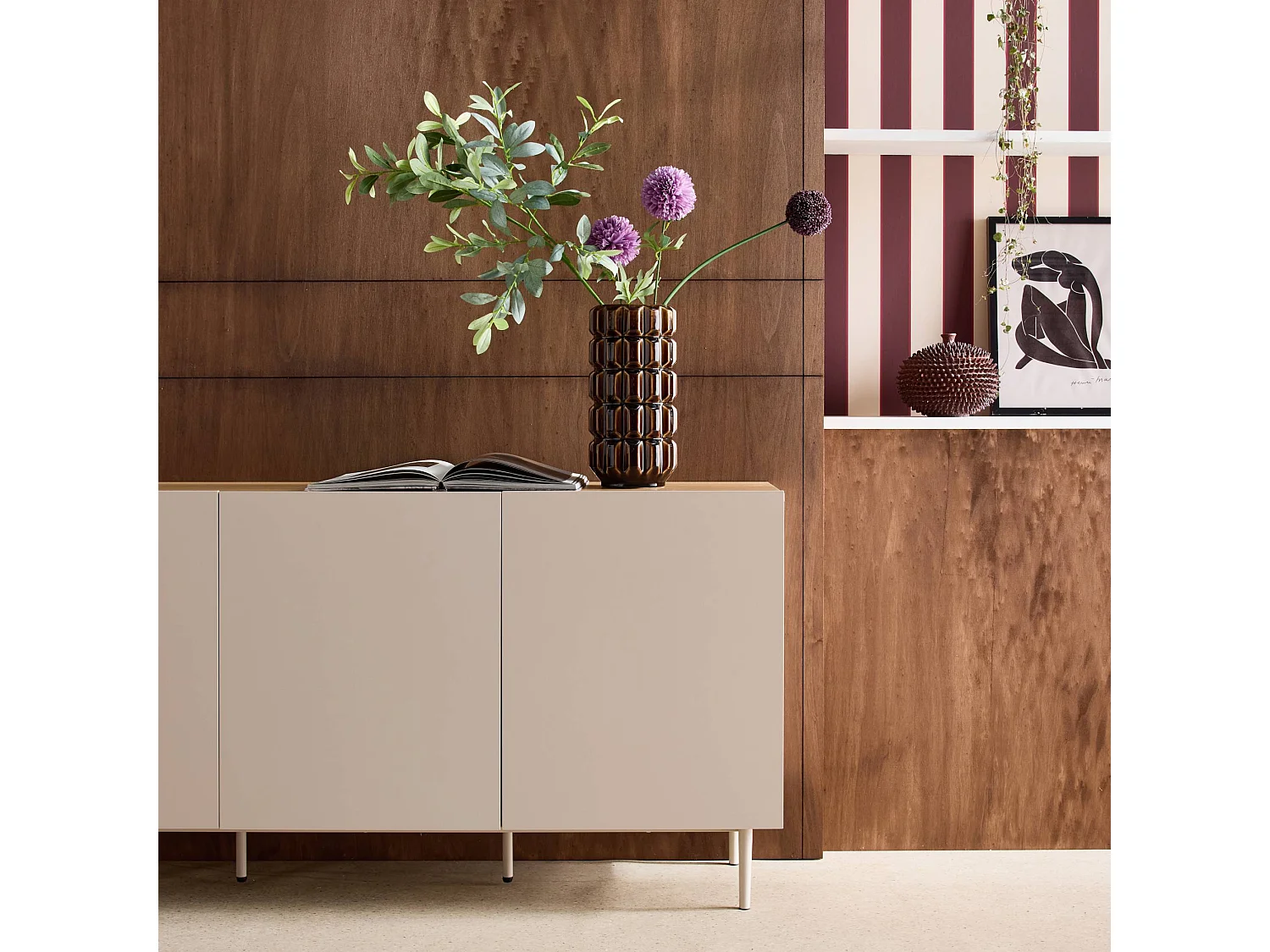 Buffet métal et décor bois 3 portes 150cm beige et naturel - Ashton