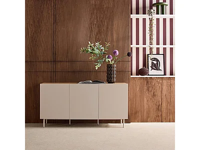 Credenza in metallo e decorazione in legno 3 ante, 150cm, beige