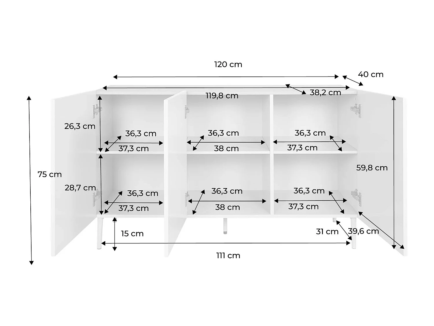 Aparador de metal y decoración de madera 3 puertas 120cm gris