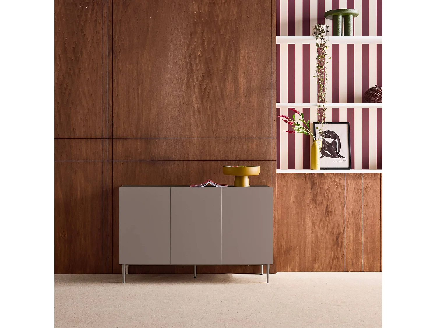 Aparador de metal y decoración de madera 3 puertas 120cm gris