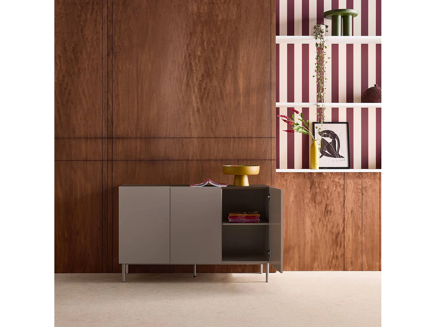 Aparador de metal y decoración de madera 3 puertas 120cm gris