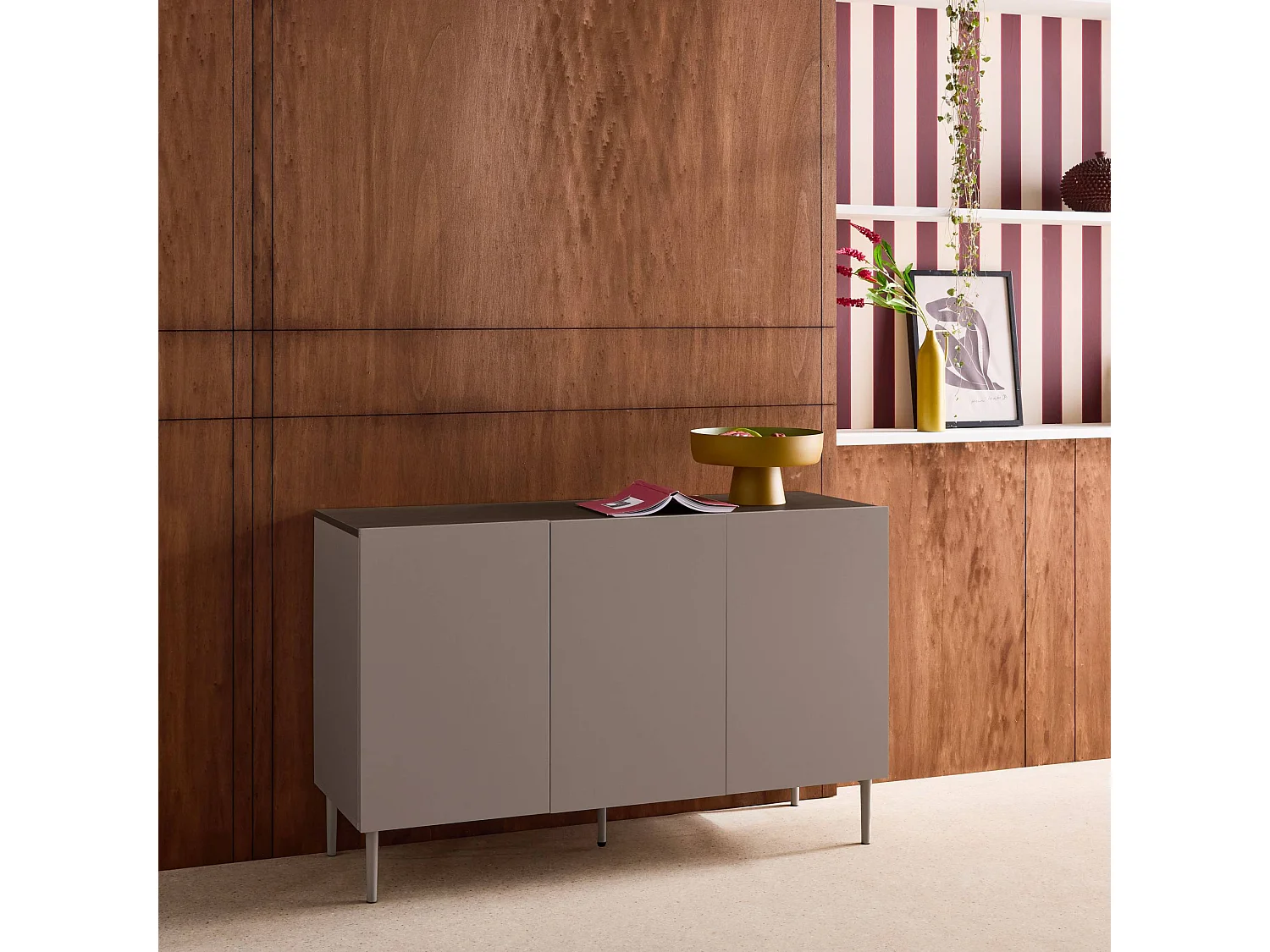 Aparador de metal y decoración de madera 3 puertas 120cm gris