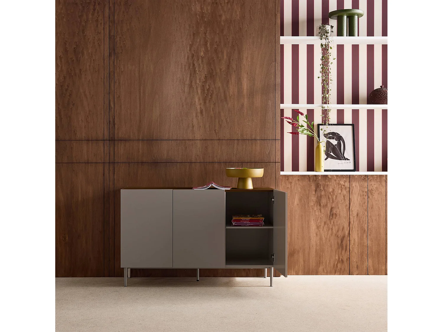 Buffet métal et décor bois 3 portes 120cm gris et noyer - Ashton