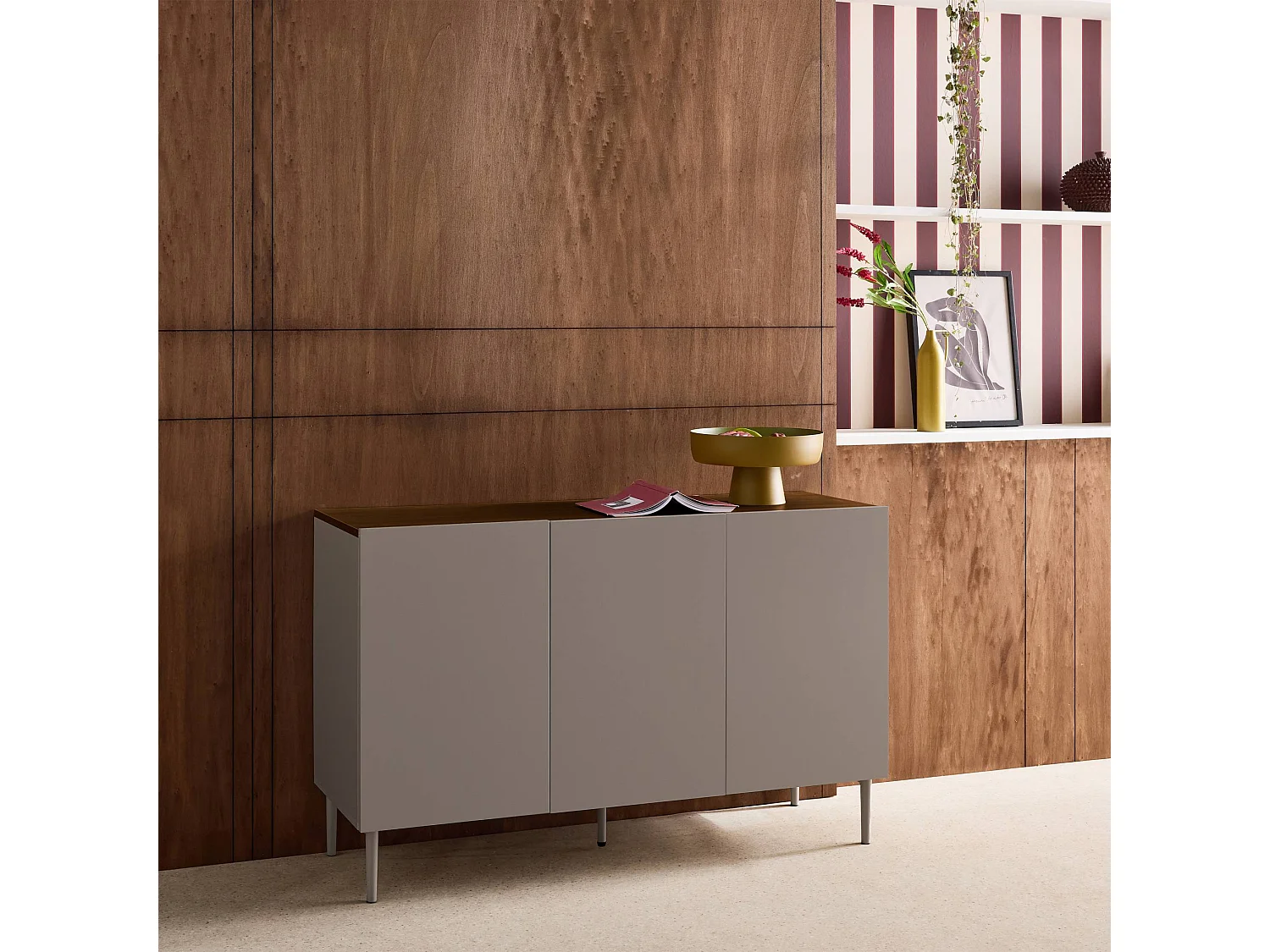 Buffet métal et décor bois 3 portes 120cm gris et noyer - Ashton