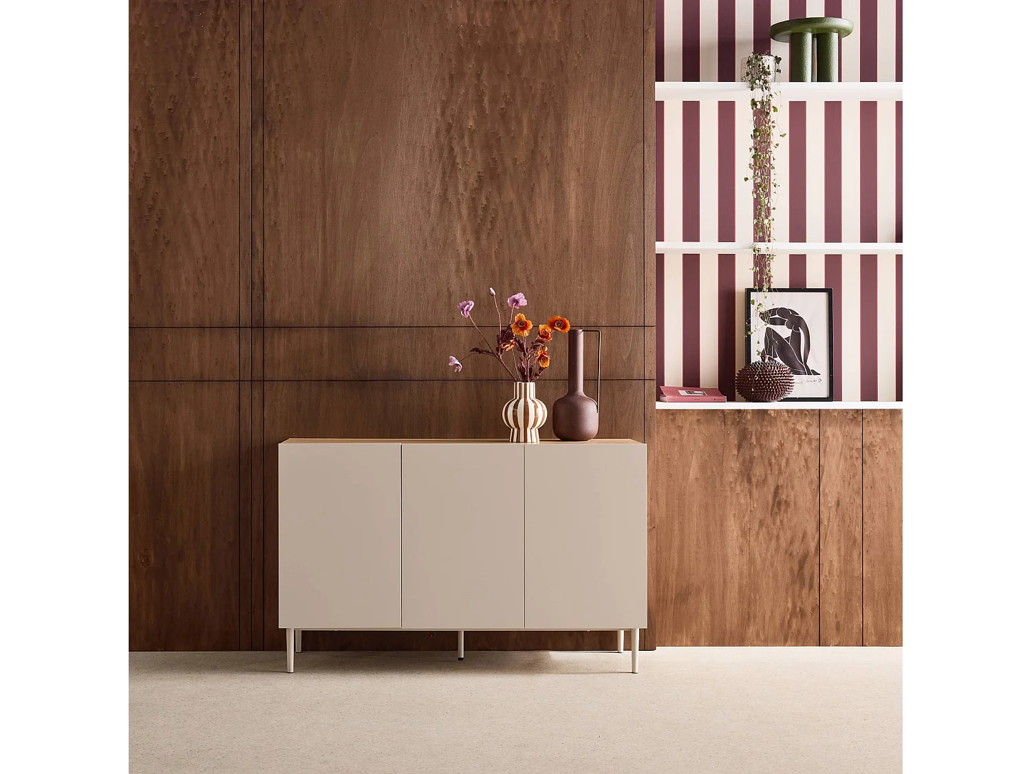 Aparador de metal y decoración de madera 3 puertas 120cm beige