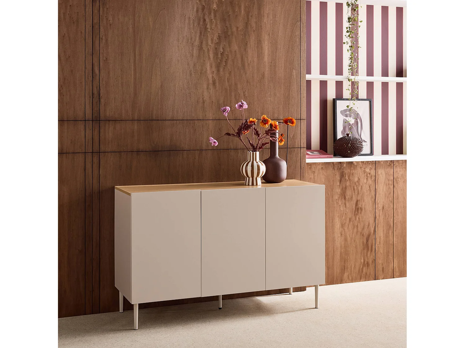 Aparador de metal y decoración de madera 3 puertas 120cm beige