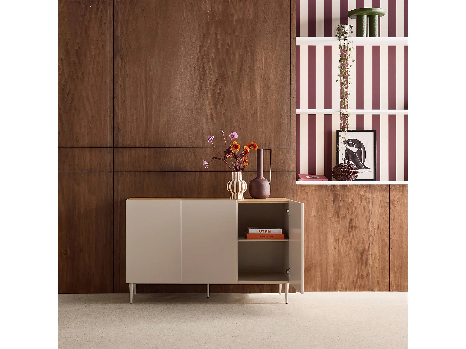 Aparador de metal y decoración de madera 3 puertas 120cm beige