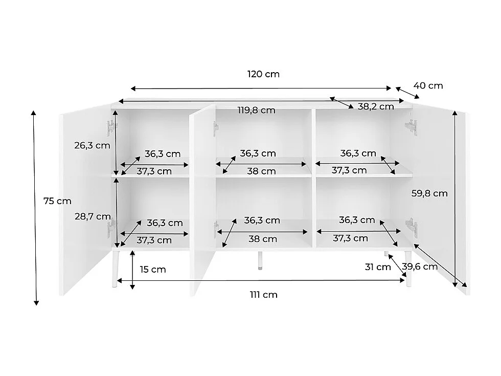 Aparador de metal y decoración de madera 3 puertas 120cm beige
