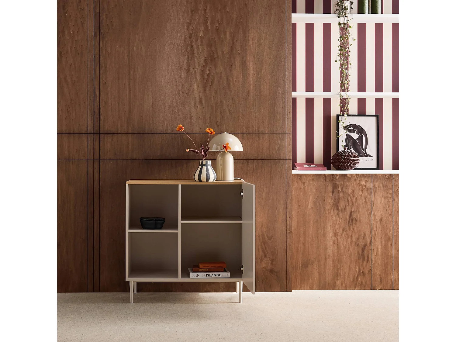 Buffet. meuble de rangement métal et décor bois 1 porte 80cm beige et naturel - Ahston