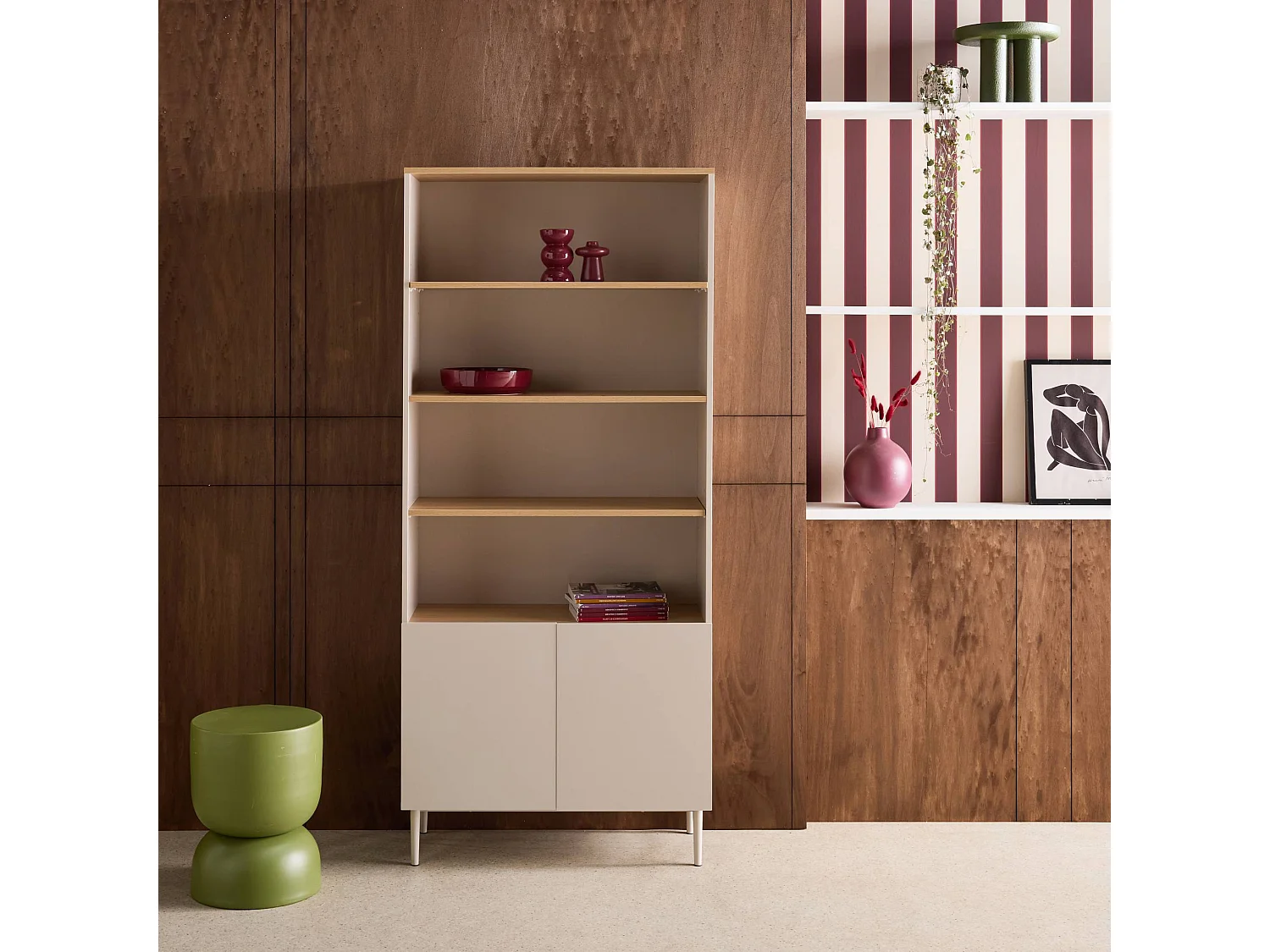 Libreria in metallo e decorazione in legno a 6 livelli, beige