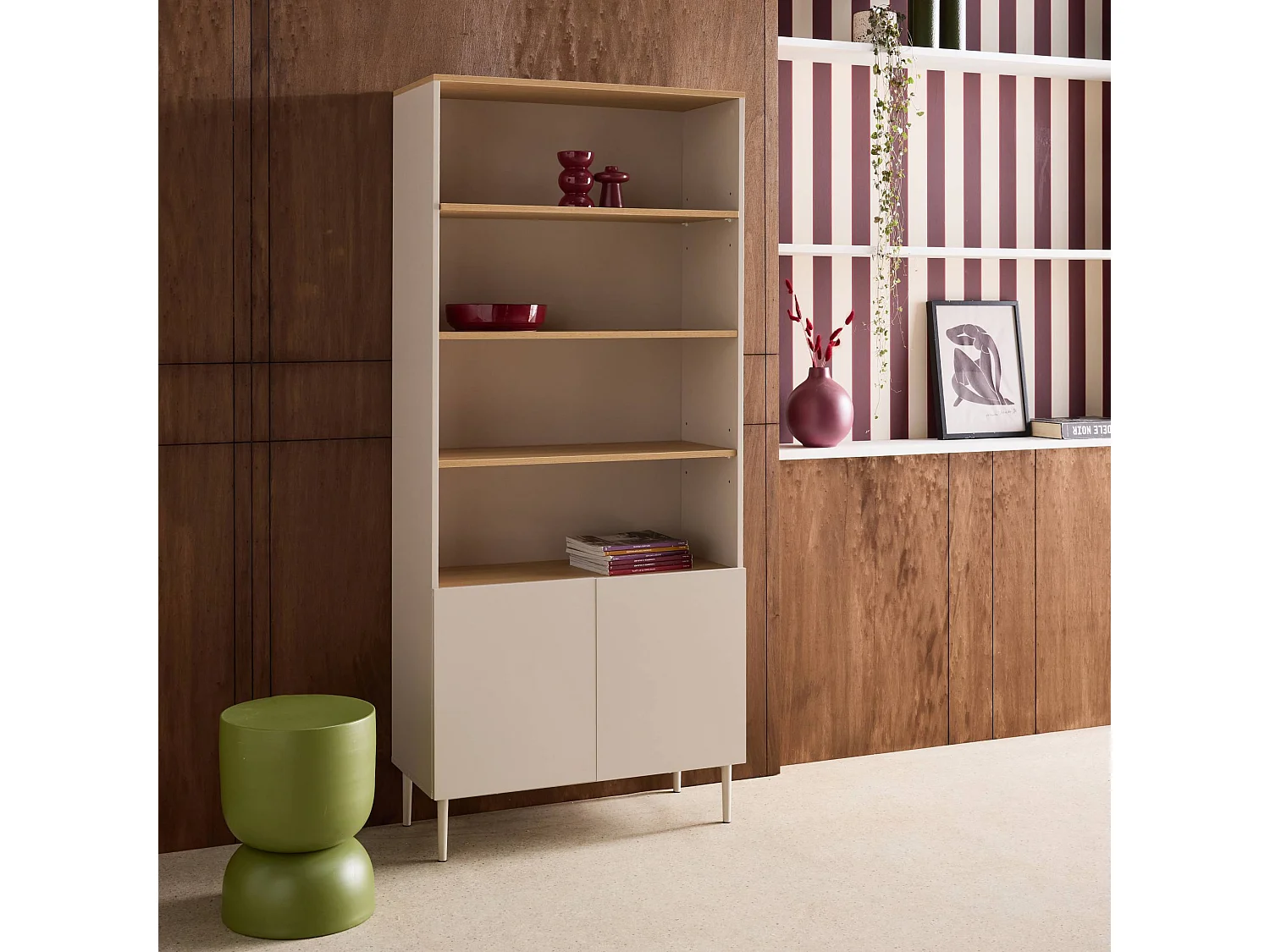 Libreria in metallo e decorazione in legno a 6 livelli, beige