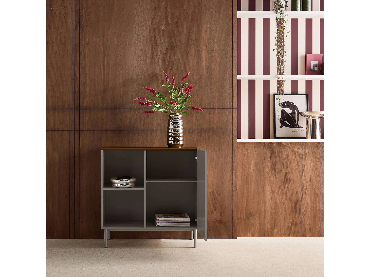 Buffet. meuble de rangement métal et décor bois 1 porte 80cm gris et noyer - Ahston