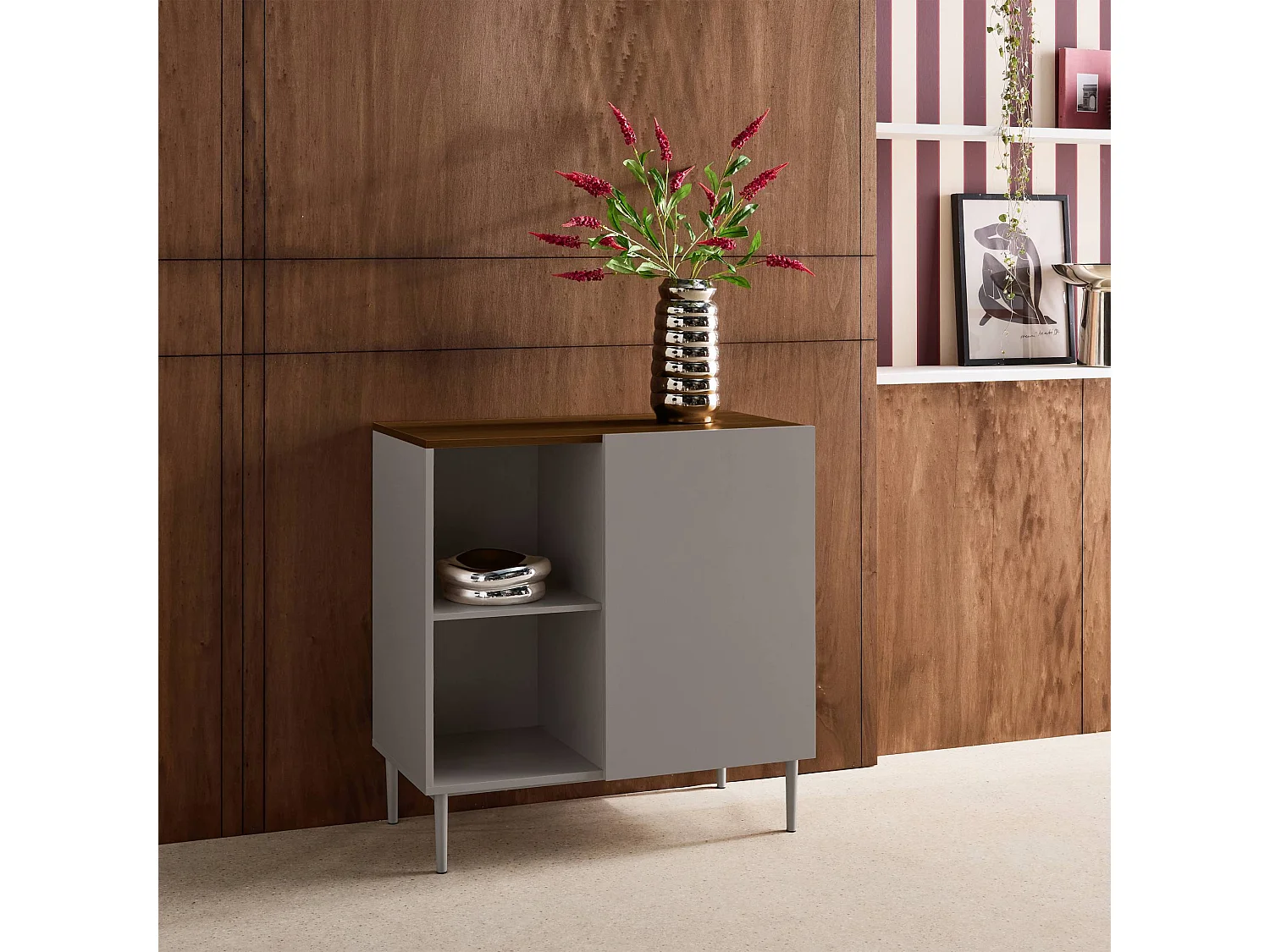 Buffet. meuble de rangement métal et décor bois 1 porte 80cm gris et noyer - Ahston
