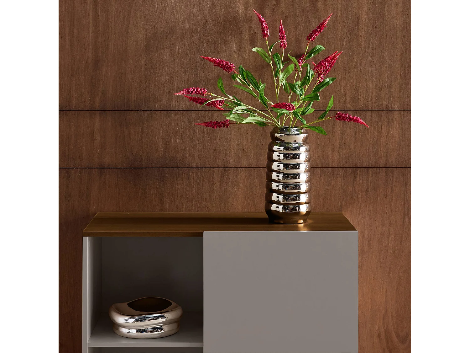Buffet. meuble de rangement métal et décor bois 1 porte 80cm gris et noyer - Ahston