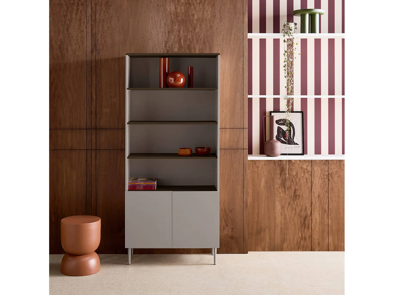 Libreria in metallo e decorazione in legno a 6 livelli, grigio