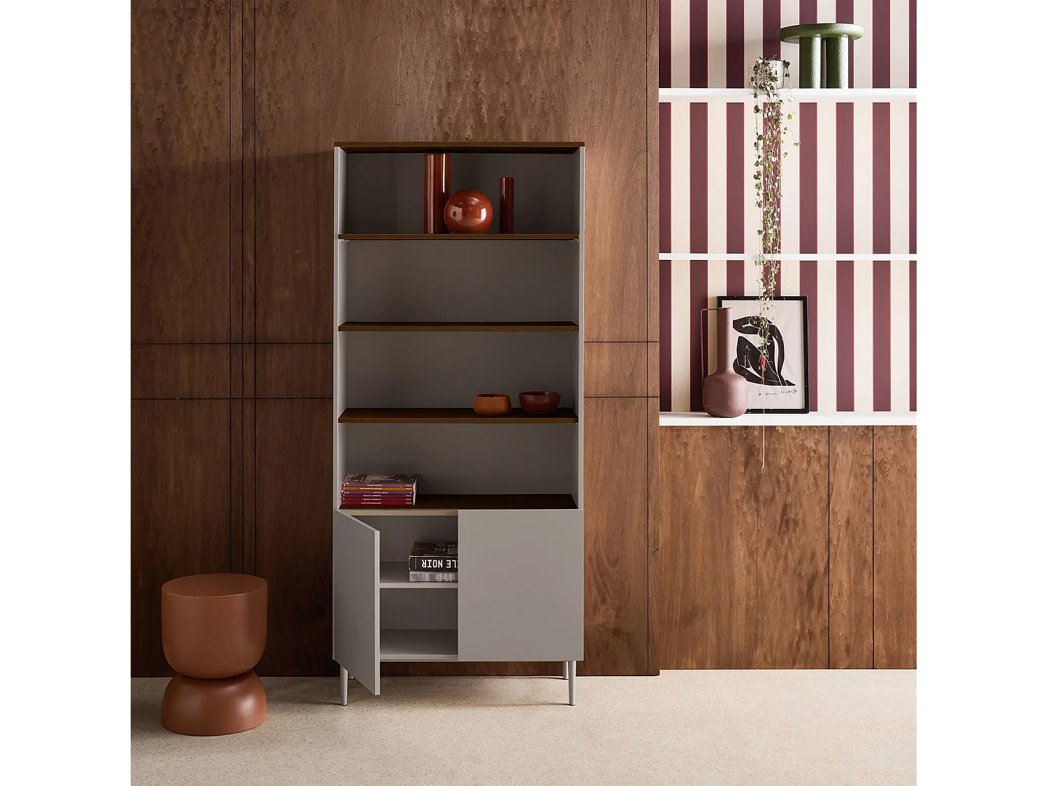 Libreria in metallo e decorazione in legno a 6 livelli, grigio