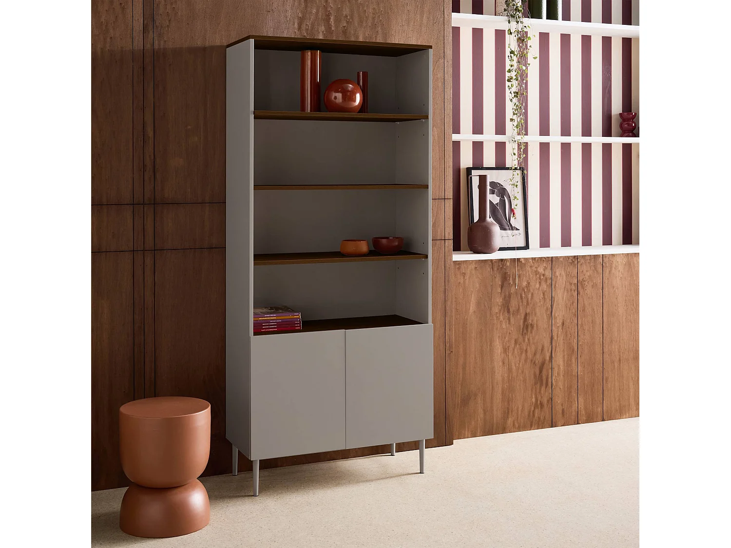 Libreria in metallo e decorazione in legno a 6 livelli, grigio