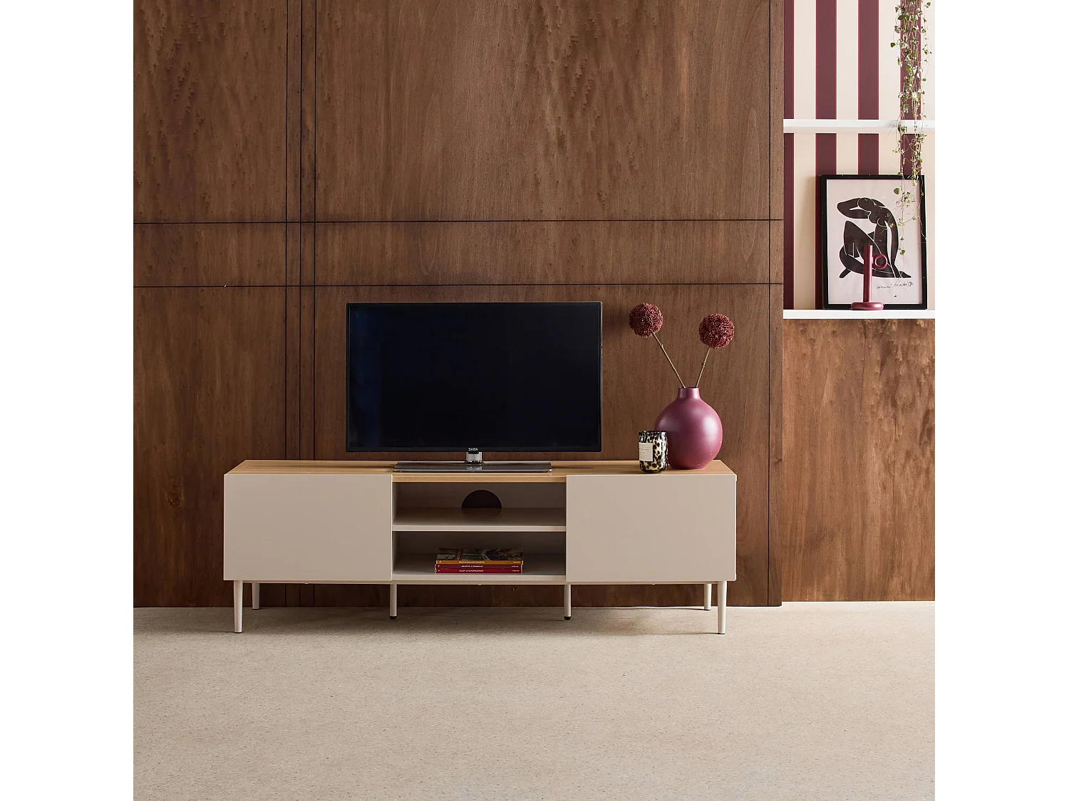 Mueble de tv de metal y decoración de madera 2 puertas, 140cm beige