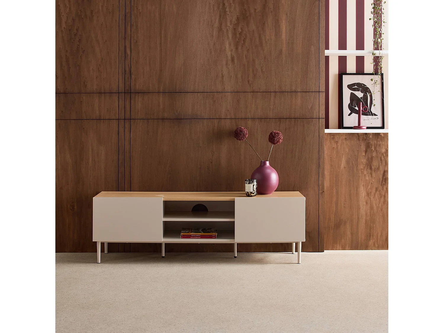 Mueble de tv de metal y decoración de madera 2 puertas, 140cm beige