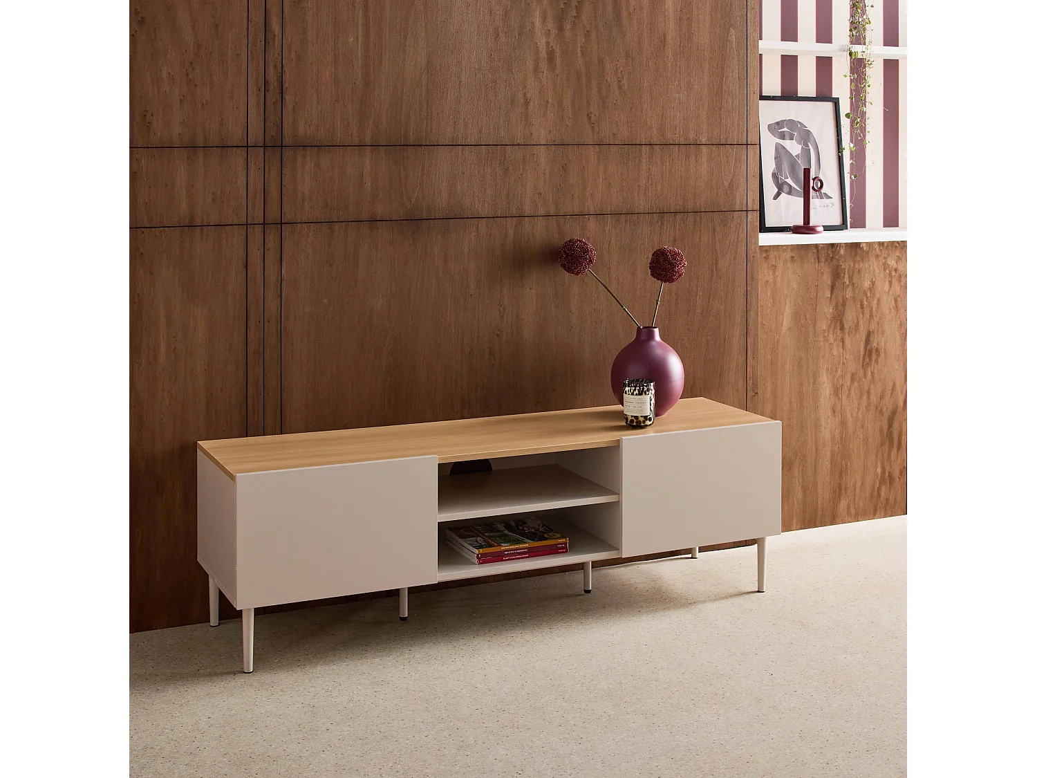 Mueble de tv de metal y decoración de madera 2 puertas, 140cm beige