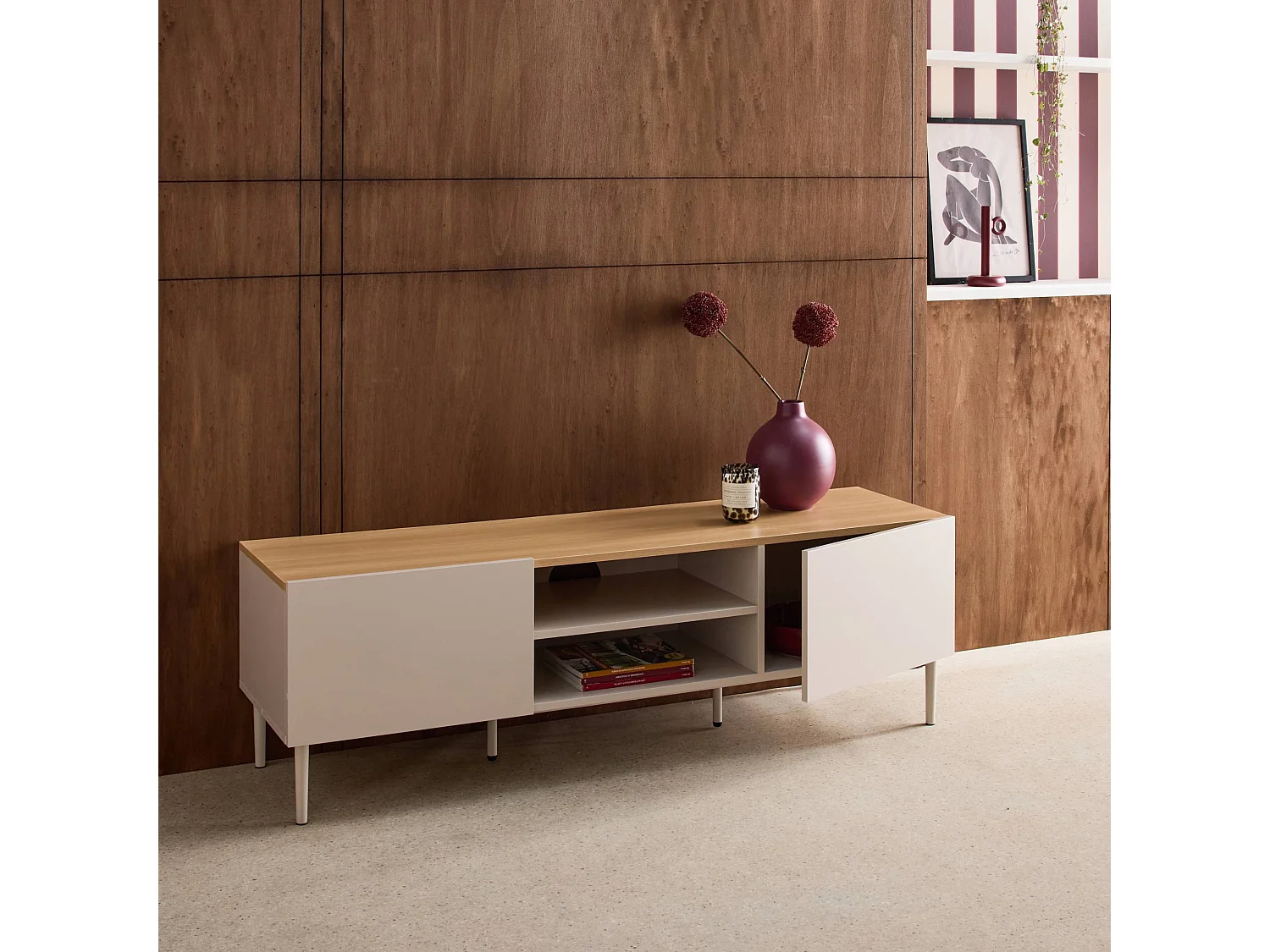 Mueble de tv de metal y decoración de madera 2 puertas, 140cm beige