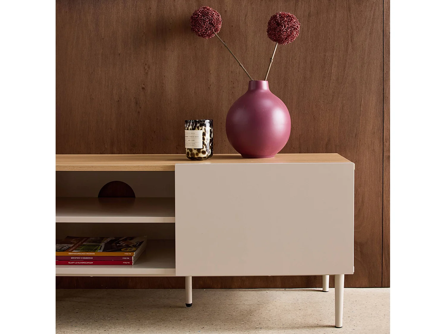 Mueble de tv de metal y decoración de madera 2 puertas, 140cm beige