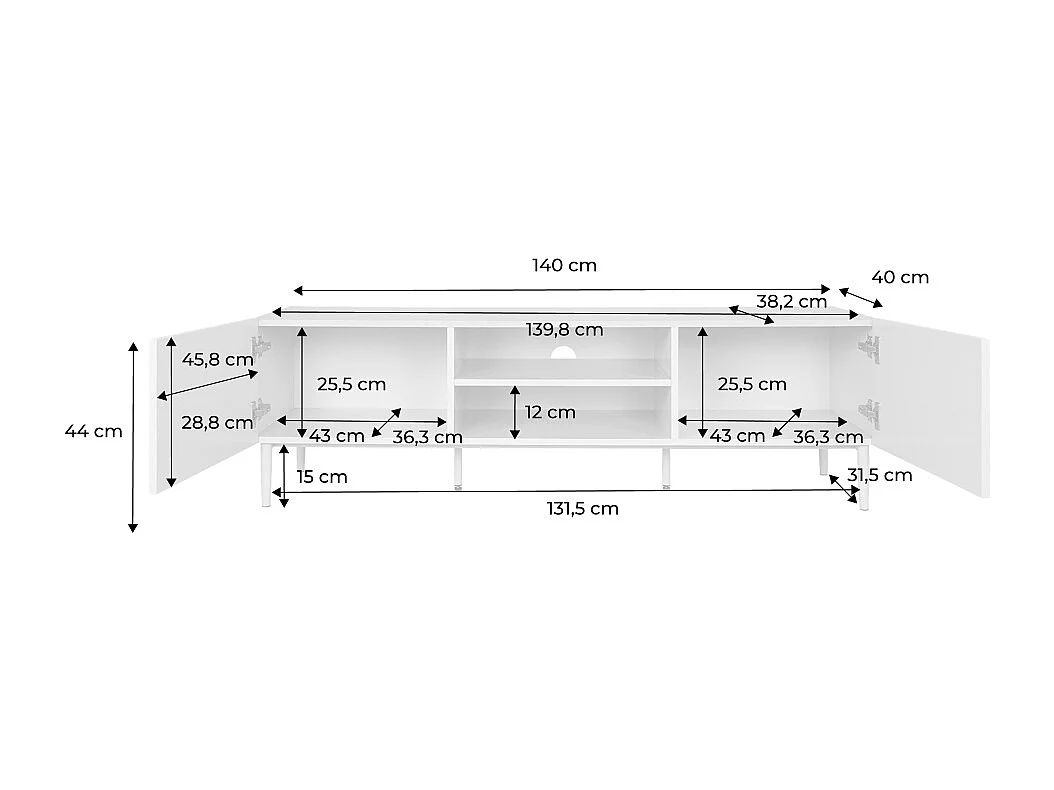 Mueble de tv de metal y decoración de madera 2 puertas, 140cm beige